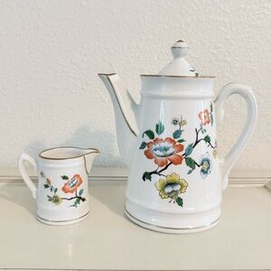 Apilco Porcelain France Floral White Teapot & Creamer Gilded French Country